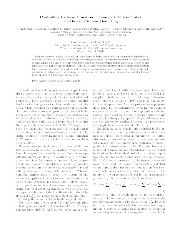 Controlling Pattern Formation in Nanoparticle Assemblies via Directed Solvent Dewetting Thumbnail