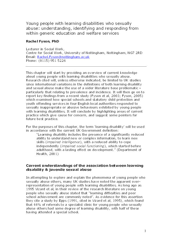 Young people with learning disabilities who sexually abuse: understanding, identifying and responding from within generic education and welfare services Thumbnail