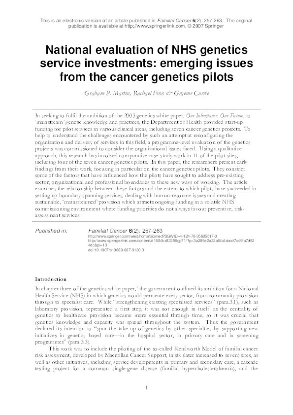 National evaluation of NHS genetics service investments: emerging issues from the cancer genetics pilots Thumbnail
