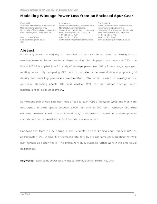 Modelling windage power loss from an enclosed spur gear Thumbnail