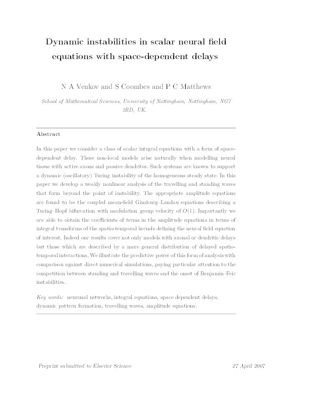 Dynamic instabilities in scalar neural field equations with space-dependent delays Thumbnail