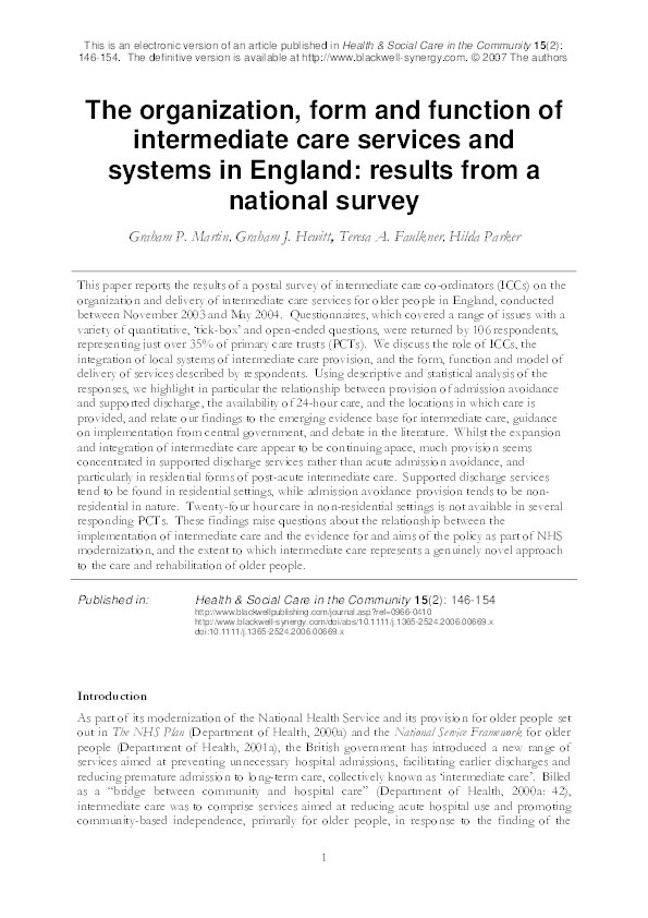 The organization, form and function of intermediate care services and systems in England: results from a national survey Thumbnail