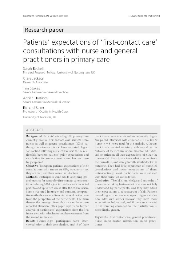 Patients’ expectations of ‘first-contact care’ consultations with nurse and general practitioners in primary care Thumbnail