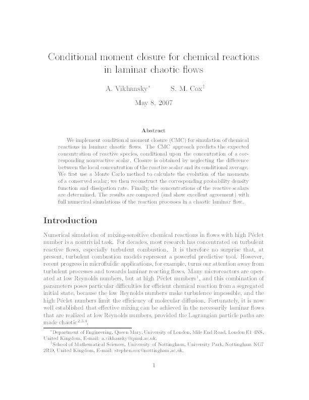 Conditional moment closure for chemical reactions in laminar chaotic flows Thumbnail