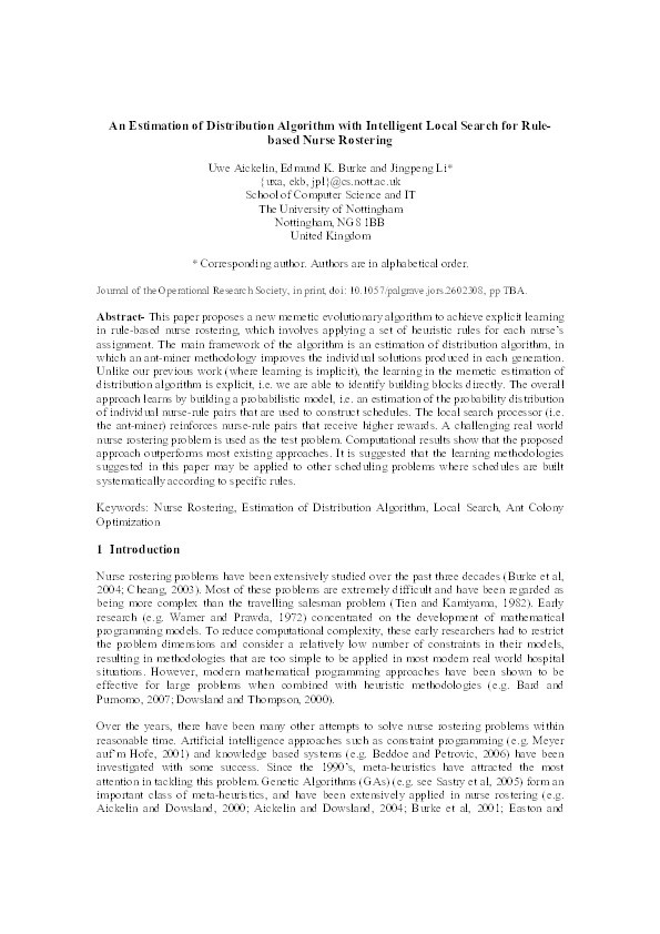 An estimation of distribution algorithm with intelligent local search for rule-based nurse rostering Thumbnail