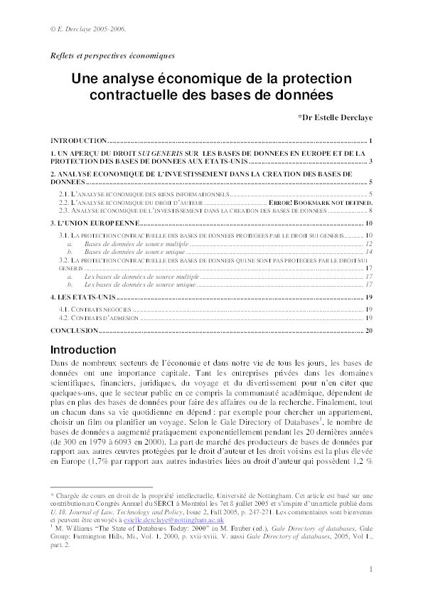 Une analyse économique de la protection contractuelle des bases de données Thumbnail