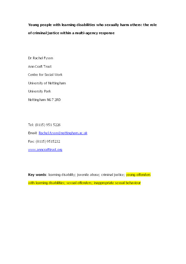Young people with learning disabilities who sexually harm others: the role of criminal justice within a multi-agency response Thumbnail