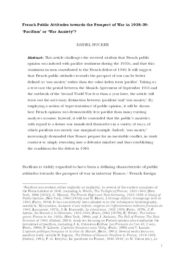 French public attitudes towards the prospect of war in 1938-1939: `pacifism' or `war anxiety'? Thumbnail