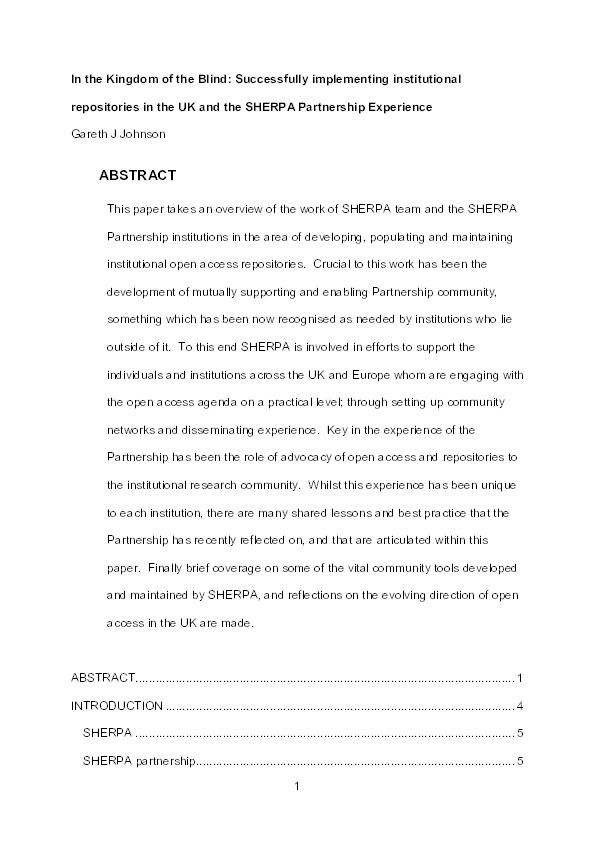 In the kingdom of the blind: successfully implementing institutional repositories in the UK and the SHERPA Partnership experience Thumbnail