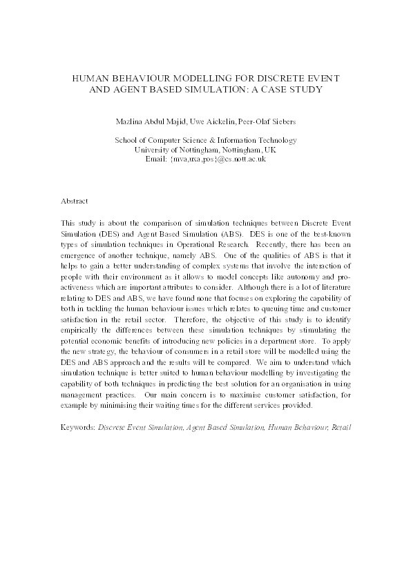 Human Behavious Modelling for Discrete Event and Agent Based Simulation:  A Case Study Thumbnail