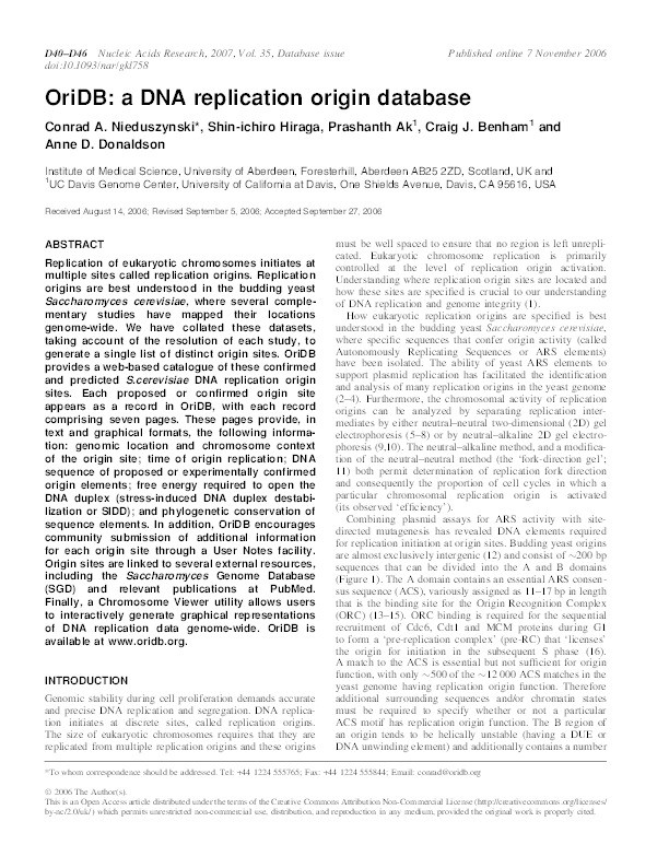 OriDB: a DNA replication origin database Thumbnail