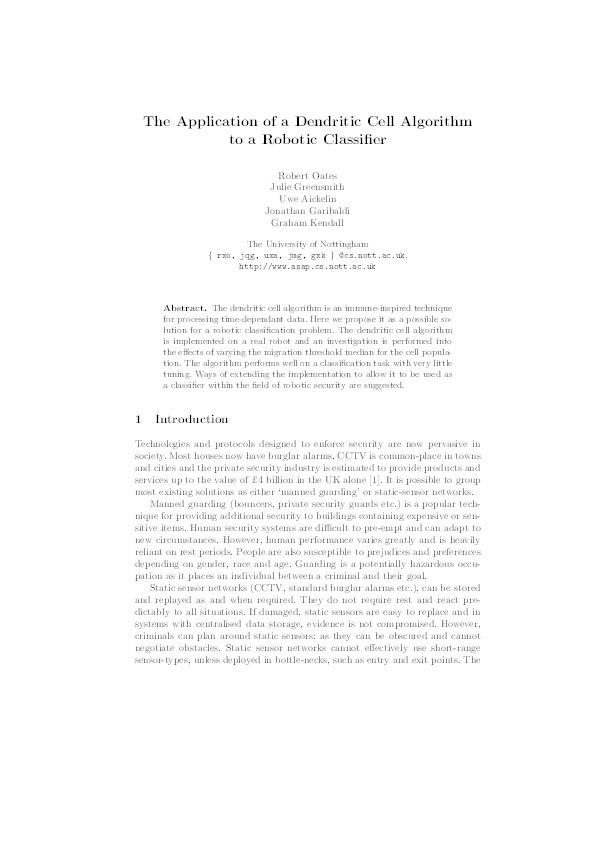 The Application of a Dendric Cell Algorithm to a Robotic Classifier Thumbnail