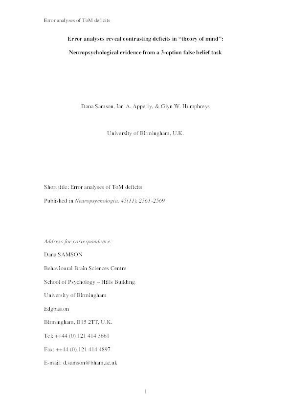 Error analyses reveal contrasting deficits in “theory of mind”: neuropsychological evidence from a 3-option false belief task Thumbnail