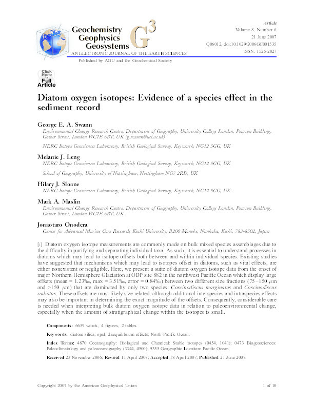 Diatom oxygen isotopes: evidence of a species effect in the sediment record Thumbnail