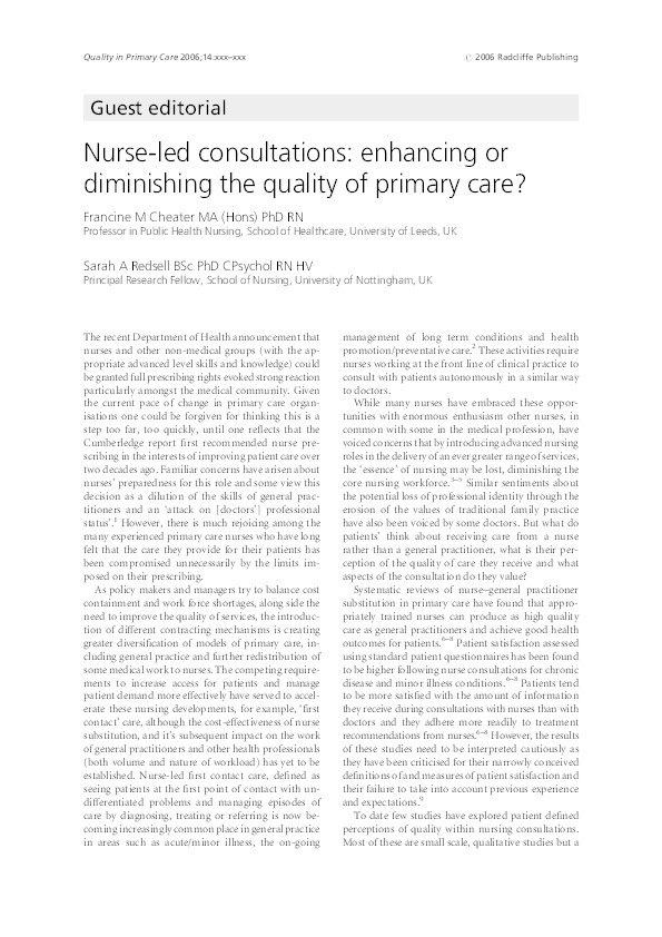 Nurse led consultations: enhancing or diminishing the quality of primary care? Thumbnail