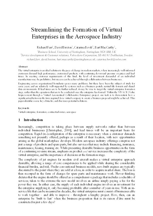 Streamlining the formation of virtual enterprises in the aerospace industry Thumbnail