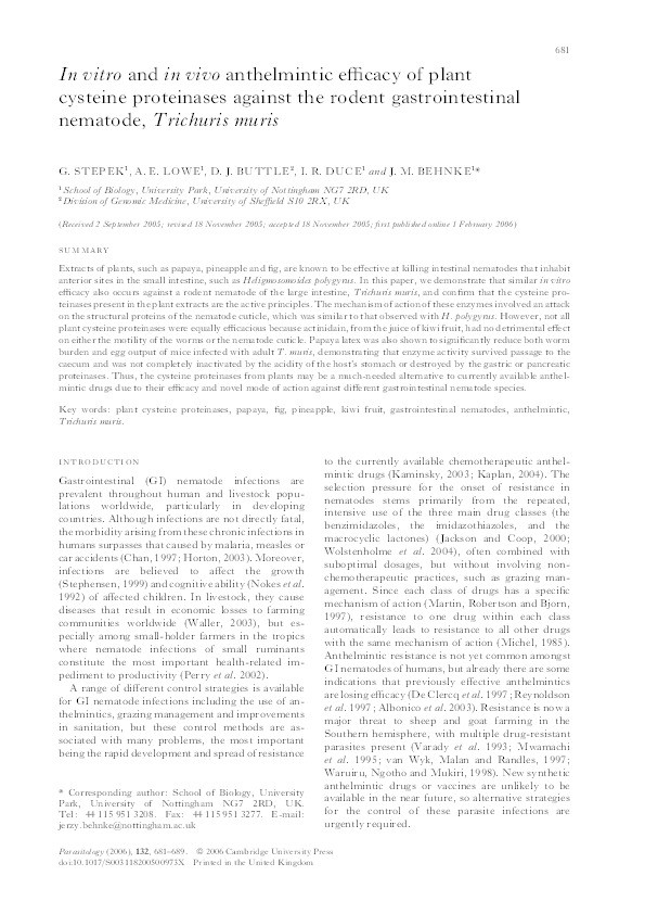 In vitro and in vivo anthelmintic efficacy of plant cysteine proteinases against the rodent gastrointestinal nematode, Trichuris muris Thumbnail