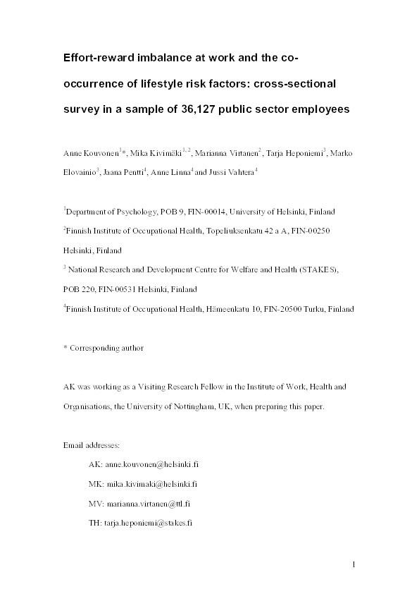Effort-reward imbalance at work and the co-occurrence of lifestyle risk factors: cross-sectional survey in a sample of 36,127 public sector employees Thumbnail