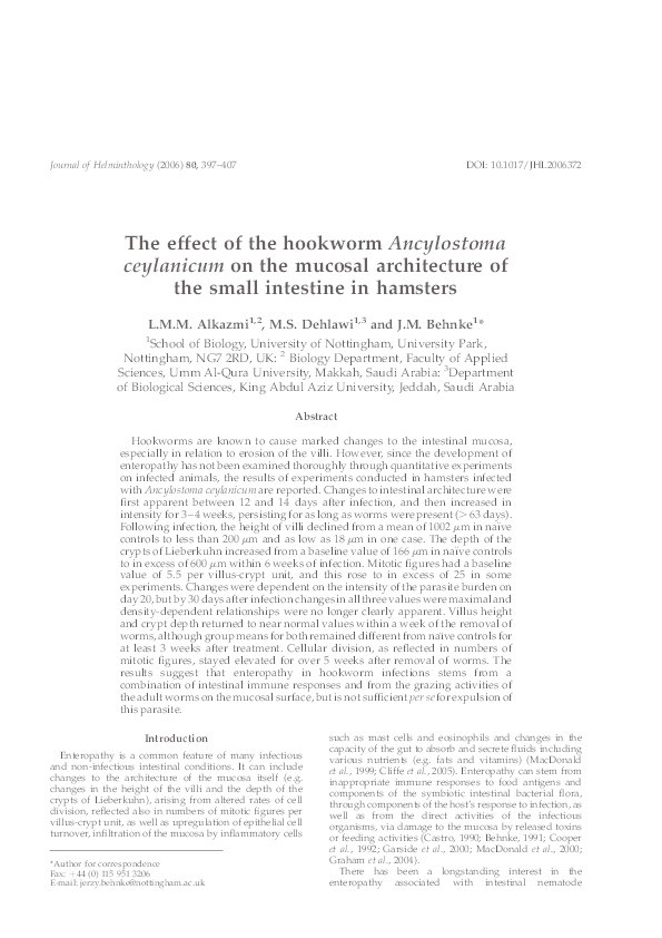 The effect of the hookworm Ancylostoma ceylanicum on the mucosal architecture of the small intestine in hamsters Thumbnail