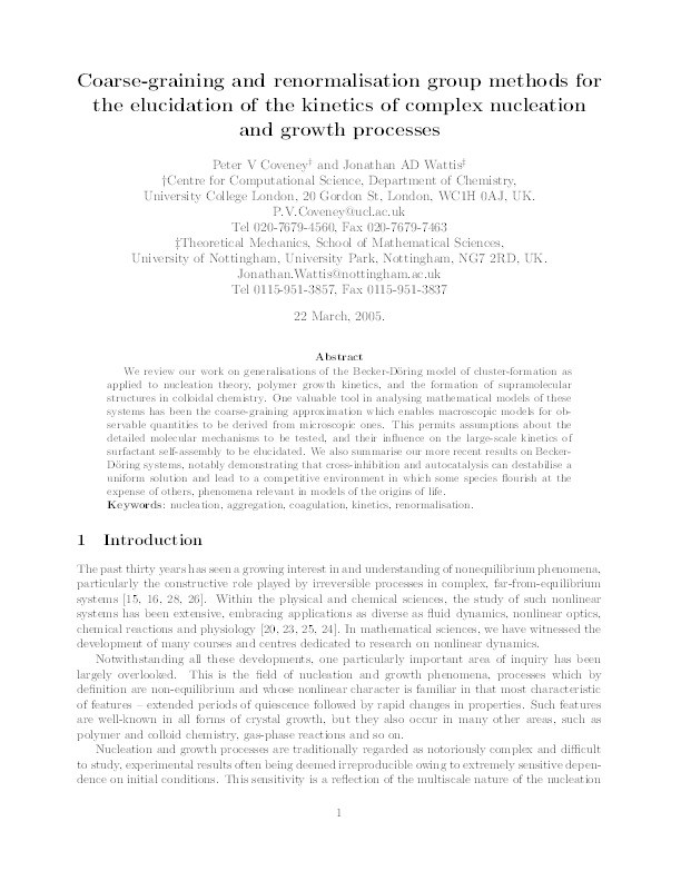 Coarse-graining and renormalisation group methods for the elucidation of the kinetics of complex nucleation and growth processes Thumbnail