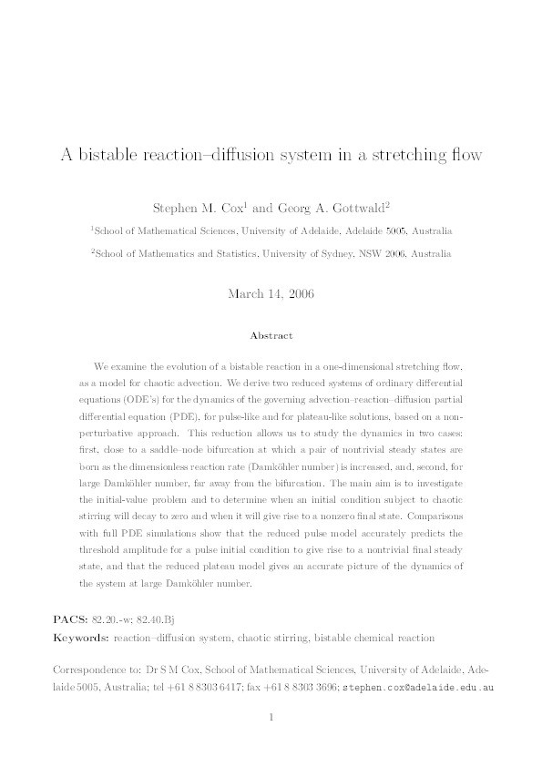 A bistable reaction-diffusion system in a stretching flow Thumbnail