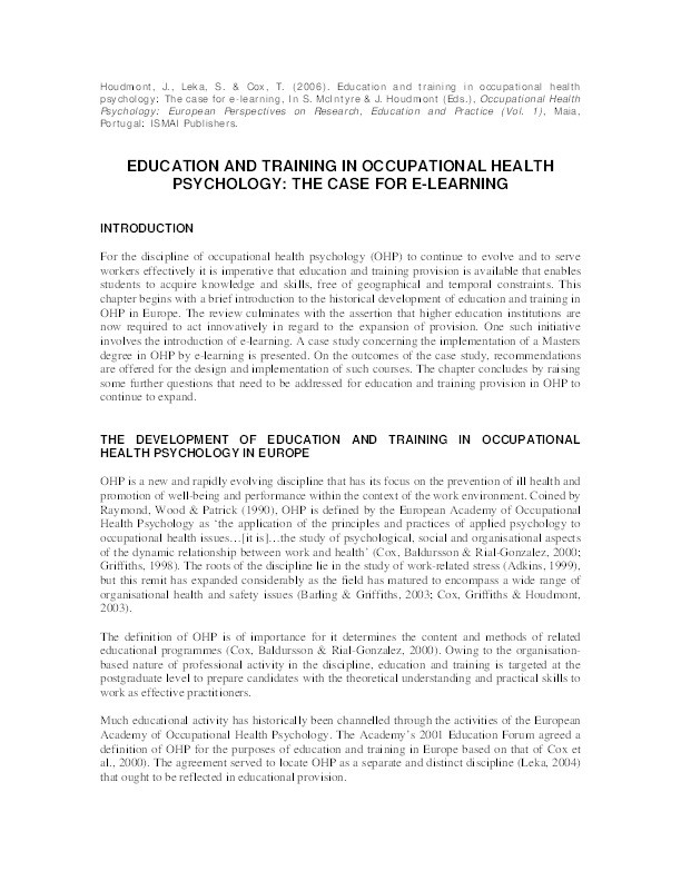 Education and Training in Occupational Health Psychology: The Case for E-Learning Thumbnail