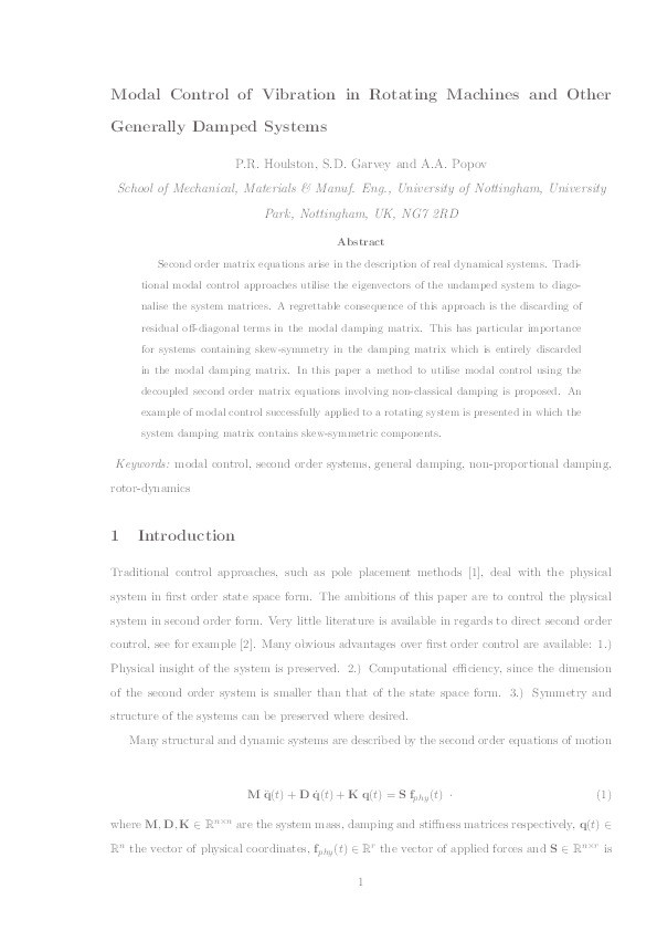 Modal Control of Vibration in Rotating Machines and Other
Generally Damped Systems Thumbnail