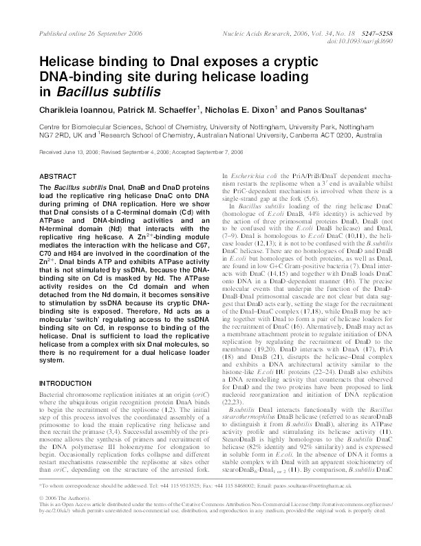Helicase binding to DnaI exposes a cryptic DNA-binding site during helicase loading in Bacillus subtilis Thumbnail