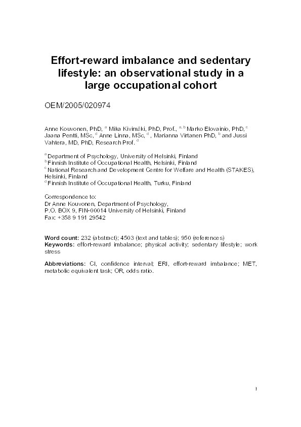 Effort-reward imbalance and sedentary lifestyle: an observational study in a large occupational cohort Thumbnail