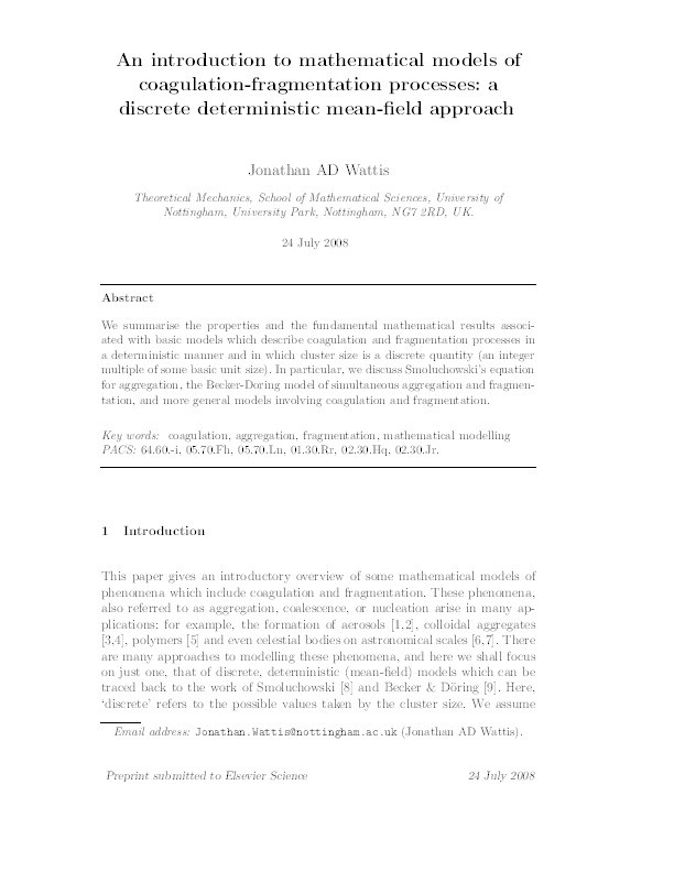 An introduction to mathematical models of coagulation-fragmentation processes: a discrete deterministic mean-field approach Thumbnail