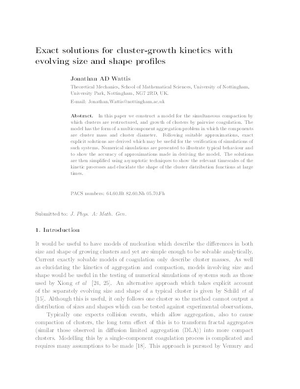 Exact solutions for cluster-growth kinetics with evolving size and shape profiles Thumbnail