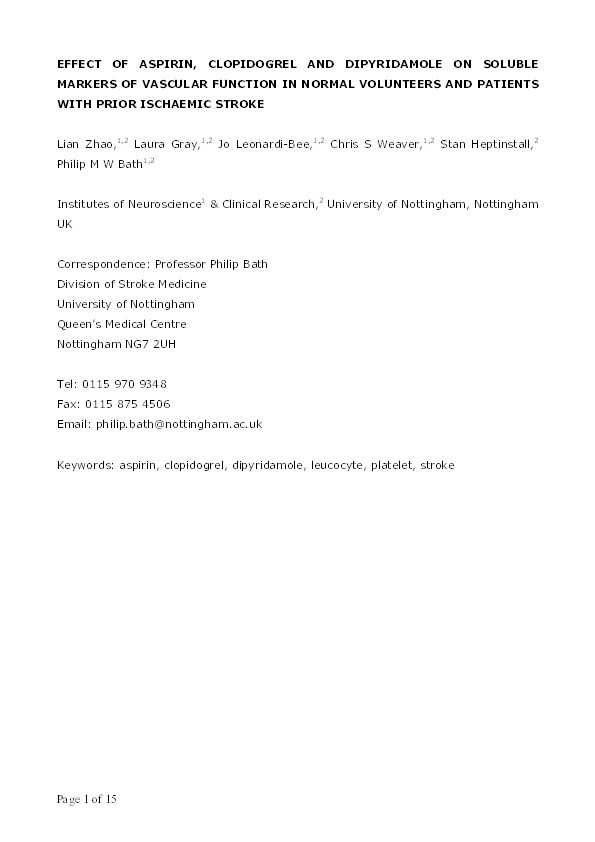 Effect of aspirin, clopidogrel and dipyridamole on soluble markers of vascular function in normal volunteers and patients with prior ischaemic stroke Thumbnail