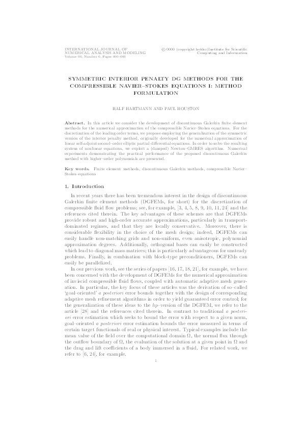 Symmetric Interior Penalty DG Methods for the Compressible
Navier-Stokes Equations I: Method Formulation Thumbnail