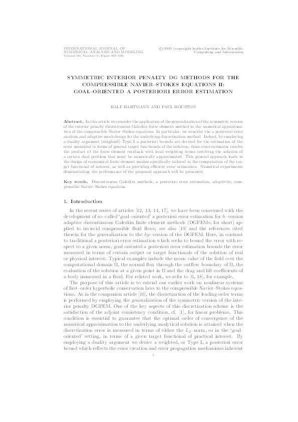 Symmetric Interior Penalty DG Methods for the Compressible Navier-Stokes Equations II: Goal--Oriented A Posteriori Error Estimation Thumbnail