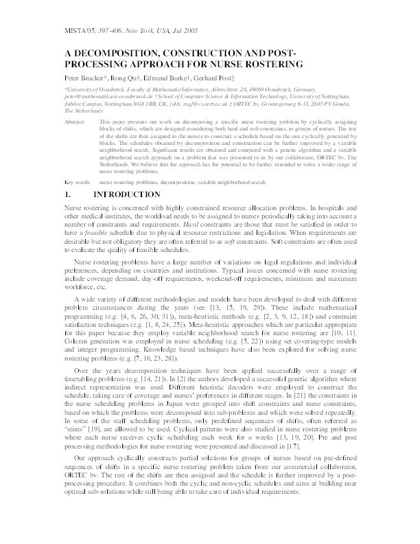 A Decomposition, Construction and Post-Processing Approach for Nurse Rostering Thumbnail