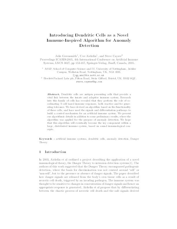 Introducting Dendritic Cells as a Novel Immune-Inspired Algorithm for Anomaly Detection Thumbnail