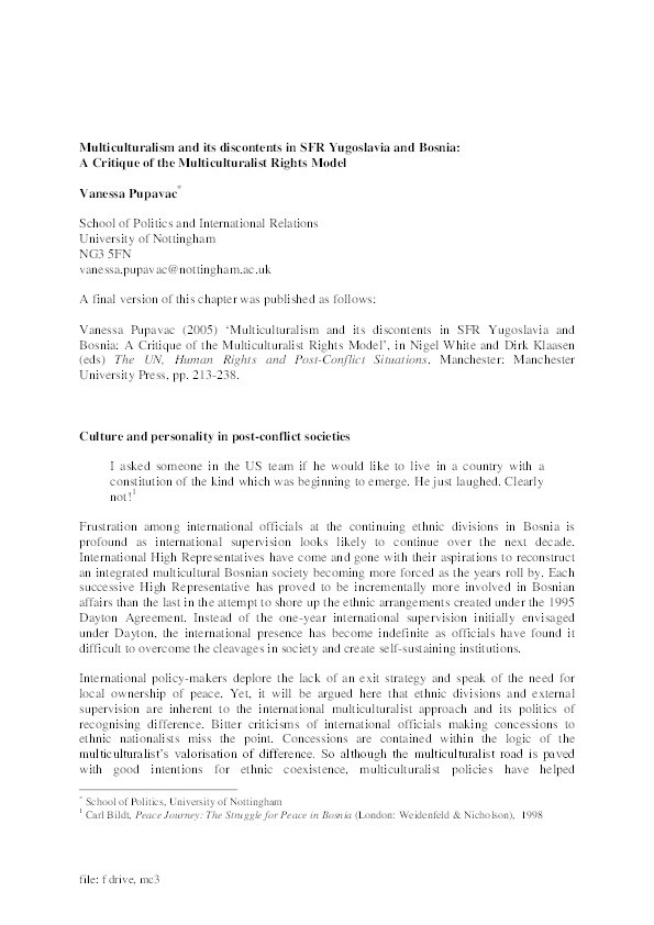 Multiculturalism and its discontents in SFR Yugoslavia and Bosnia: a critique of the multiculturalist rights model Thumbnail
