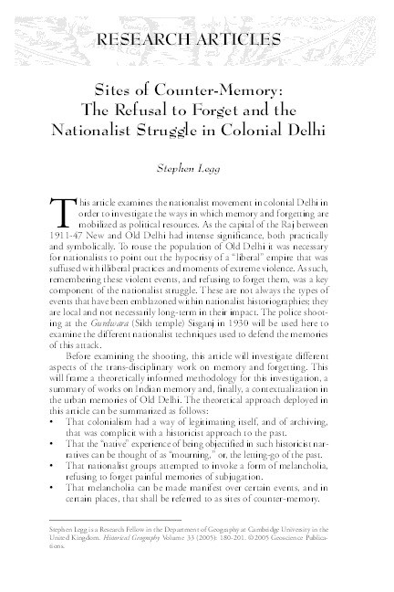 Sites of counter-memory: the refusal to forget and the nationalist struggle in colonial Delhi Thumbnail