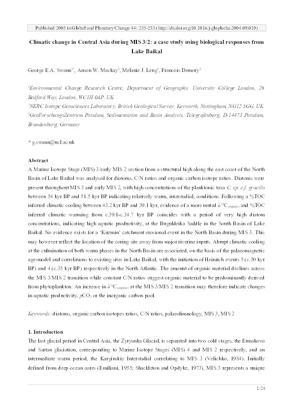 Climatic change in Central Asia during MIS 3/2: a case study using biological responses from Lake Baikal Thumbnail