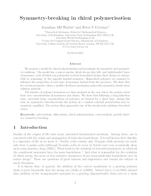 Symmetry-breaking in chiral polymerisation Thumbnail