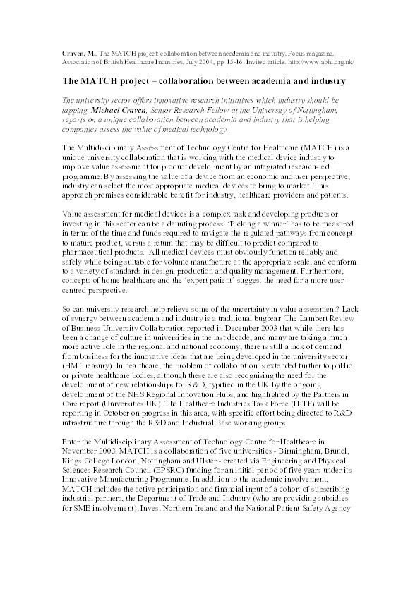 The MATCH project: collaboration between academia and industry Thumbnail