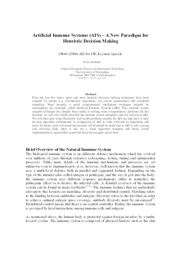 Artificial immune systems (AIS) - a new paradigm for heuristic decision making Thumbnail