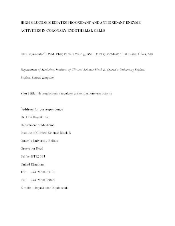 High glucose mediates prooxidant and antioxidant enzyme activities in coronary endothelial cells Thumbnail