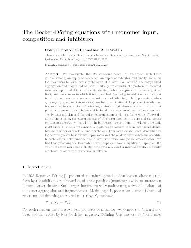 The Becker-Döring equations with monomer input, competition and inhibition Thumbnail