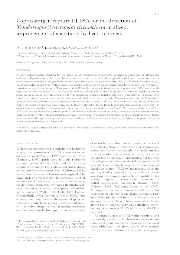 Copro-antigen capture ELISA for the detection of Teladorsagia (Ostertagia) circumcincta in sheep: improvement of specificity by heat treatment Thumbnail