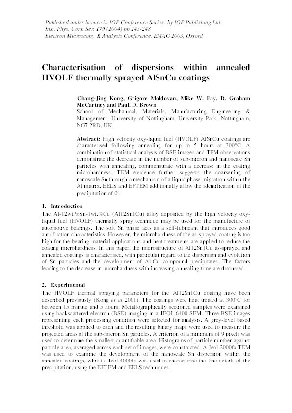 Characterisation of dispersions within annealed HVOLF thermally sprayed AlSnCu coatings Thumbnail