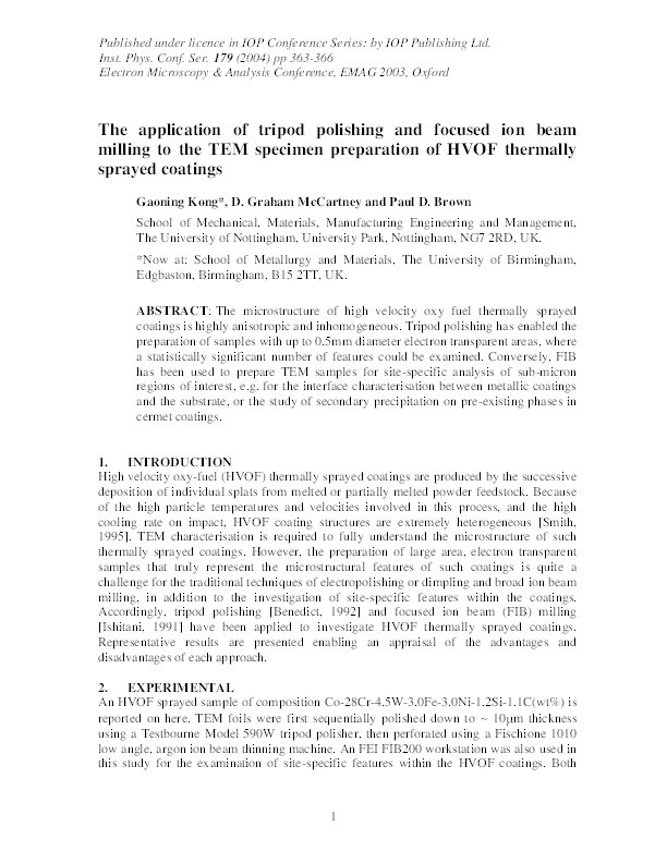 The application of tripod polishing and focused ion beam milling to the TEM specimen preparation of HVOF thermally sprayed coatings Thumbnail