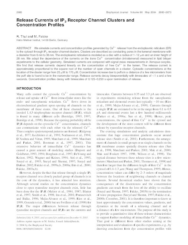 Release currents of IP₃ receptor channel clusters and concentration profiles Thumbnail