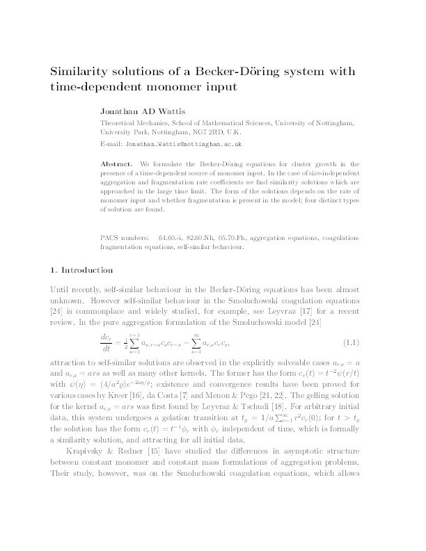 Similarity solutions of a Becker-Döring system with time-dependent monomer input Thumbnail