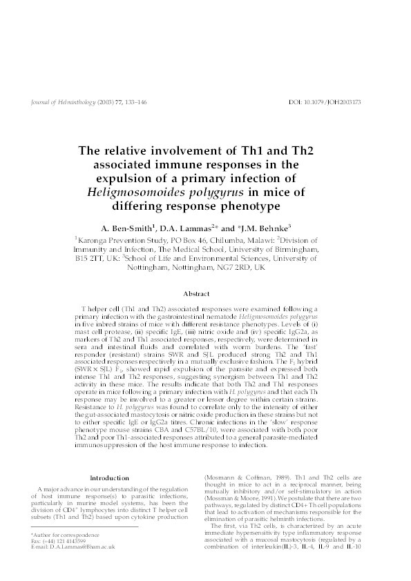 The relative involvement of Th1 and Th2 associated immune responses in the expulsion of a primary infection of Heligmosomoides polygyrus in mice of differing response phenotype Thumbnail